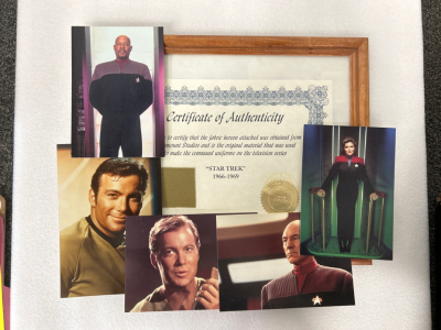 Star Trek Authentic and Certified Paramount Studios Cloth Material from the “Command Uniforms” with Photos and Post Cards