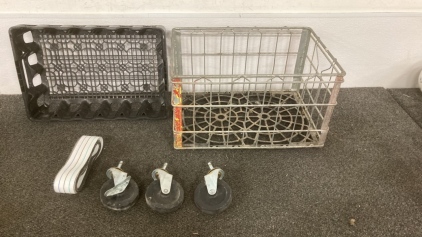 (2) Baskets, (3) Casters, & (1) Strap