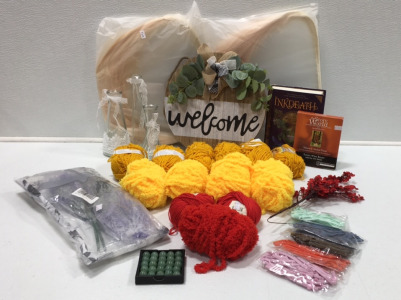 (13) Rolls of Yarn, Welcome Sign, (3) Glass Vases, and More!