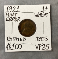 1921 VF25 Mint Error Wheat Copper Penny