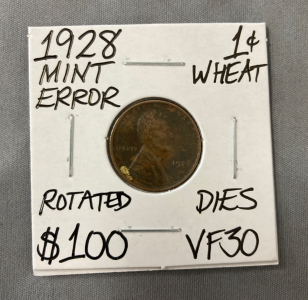 1928 VF30 Mint Error Wheat Copper Penny