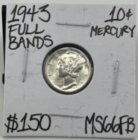 1943 MS66FB Full Bands Silver Mercury Dime