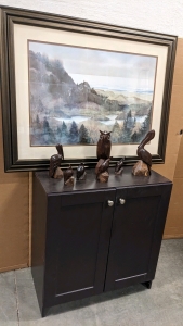 Framed Watercolor Print, Wood Bird Carvings, Cabinet