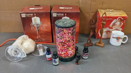 Working Scentsy Lamp w/Oils, 9" Glass Candle Sets, Holiday Mug Set, Wood Carvings