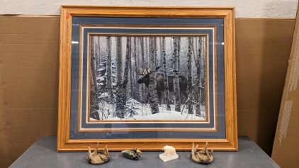 Framed Moose Print, Marble Bear w/Base, Antler Theme Coasters/Candle Holders, Painted Wood Duck