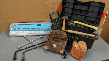 22" Toolbox w/Tools, Tire Irons & 4-way, Tool Belts, Windshield Sun Shade