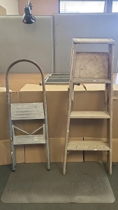 Wooden Ladder with (2) Metal Folding Step Stools