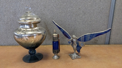 Blue/Mercury Glass Dish, Stained Glass Fairy, Antique Style Bottle