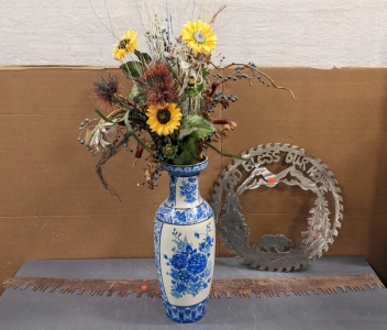 Artificial Flowers in Vase, Vintage Saw Blade, Cutout Blade Decor