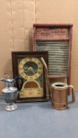 Vintage Working Burpee Seeds Planting Clock, Vintage Washboard, Silver Teapot, Copper Oilcan