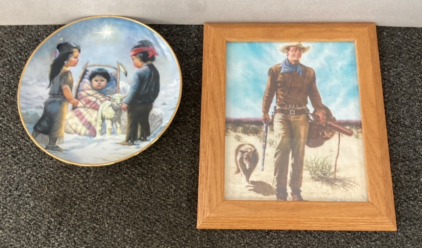 John Wayne Picture In Oak Frame & 1980&rsquo;s Perillo Indian Babies Plate