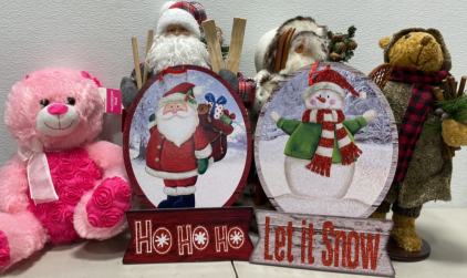 (2) Christmas Themed Yard Signs, (3) Christmas Decoration Dolls, (1) Valentine&rsquo;s Day Bear