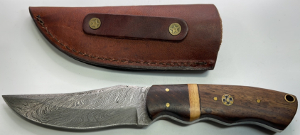 (1) Wood Handled Damascus Steel Knife W/ Leather Sheath