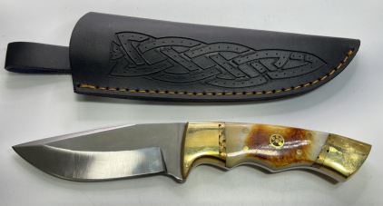 (1) Brass And Bone Handled Buck Style Knife W/ Leather Sheath