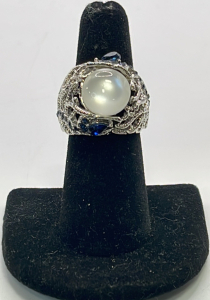 (1) Silver Toned Ring W/ White Opal And Blue Topaz Gemstones Size 6-1/2