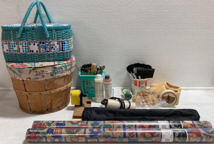 Basket w/ Sewing Notions, Wood Basket w/ String, Assorted Paint Brushes, Tripod, Wrapping Paper, Pencil Sharpener and More