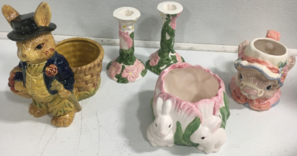 (3) Cermaic Bunnie Decor, (2) Cermaic Candle Holders