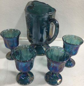 Blue Carnival Glass Pitcher And (4) Matching Glass