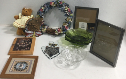 Picture Frames, Teddy Bear, Wreath, Green Glass Plates, Wolf Statue, Native Pictures And More