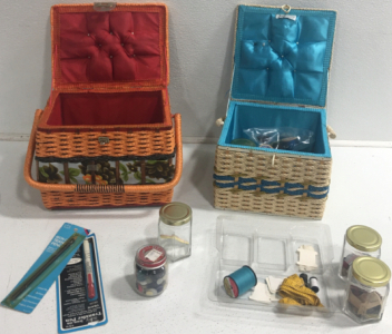 (2) Wicker Baskets, Jars Of Beads, Thred And More