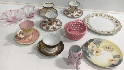 Pink Tea Cups With Matching Plates,Pink Glass Candy Dish, (2) Decorative Plates And More