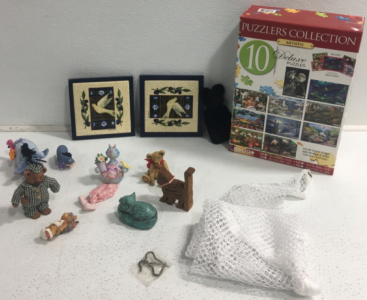 Puzzlers Collection, (2) Dove Wall Decor, (2) Eeyores, Black Teddy Bear, Stuffed Animal Storage Bag, Assorted Knickknacks