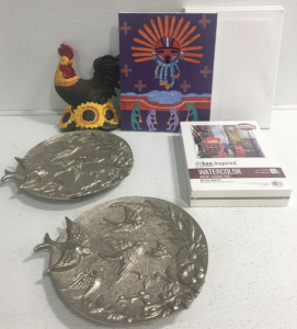 Kokopelli Painting, (2) Bird Plates, Rooster Decor, Blank Canvases, Art Studio Pad