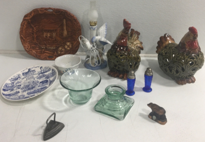 (2) Rooster Decor, (2) Decorative Plates, Dove Lamp And More