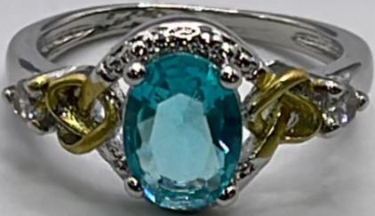 (1) Silver Toned W/ Blue Gemstone And Gold Accents Ladies Ring Size 5-1/2