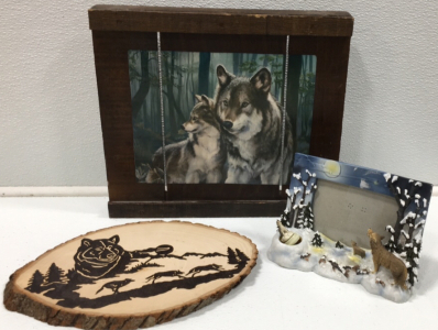 (2) Wooden Wolf Pictures, Wolf Picture Frame