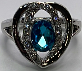 (1) Silver Toned W/ Blue Gemstone Ladies Ring Size 5-1/2