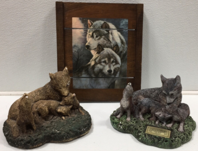 Wooden Wolf Picture, (2) Wolf Sculptures