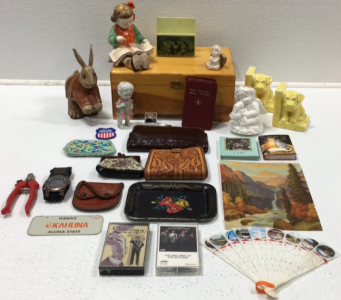 Wooden Box, (5) Coin Pouches, Dog Bookends, Sharp Watch