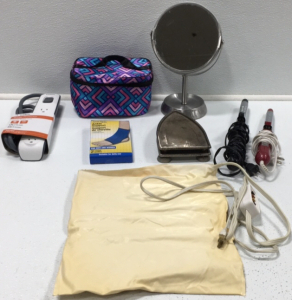 (2) Curling Irons, Heating Pad, Surge Protector, Table Mirror