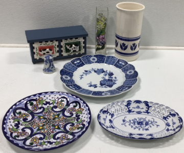 (3) Decorative Plates, (2) Vases,