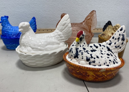 (5) Glass Chicken Containers, (Red/Pink, Blue,White, and 2 Multi Colored)