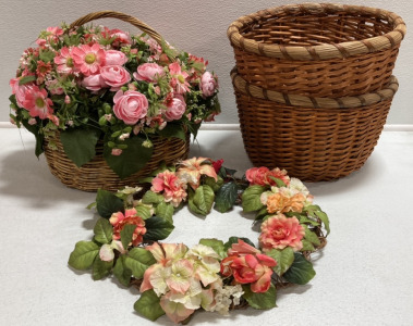 Basket w/ Artificial Flowers, Spring Wreath, (2) Planter Baskets