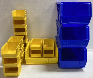 Stacking Storage Bins: (3) Blue 8x15x7, (1) Yellow 11x11x5, (14) Yellow 4x5x3
