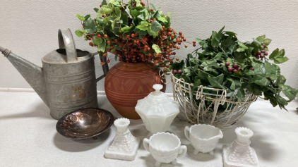 Metal Watering Can, Pottery Vase, Hanging Floral Baskets, Silver Dish, Artificial Floral, Matching Milk Glass Dish, Sugar and Creamer, Candle Holders