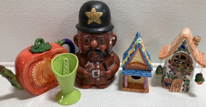 Policeman Cookie Jar, Veggie Tea Pot, Ceramic Birdhouse, Ceramic Wind Chime, Sundae Cup