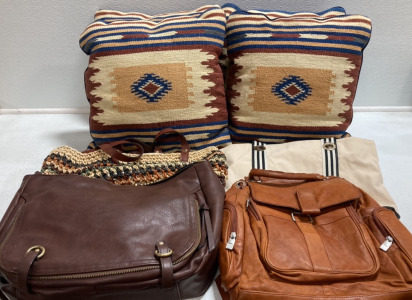 (4) Tribal Design Throw Pillows, (2) Tote Purses, (1) Large Purse, (1) Backpack Purse