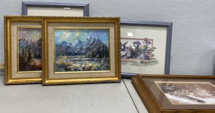 Lot of Various Paintings In Frames (Landscape, Tiger, and Bunnies!)