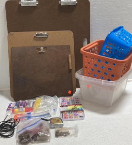(3) Art Clipboards, (5) Plastic Storage Bins, Various Arts and Crafts Supplies