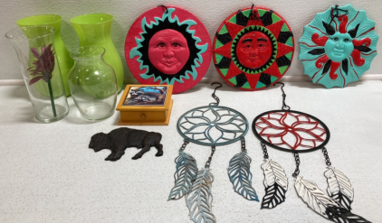 (3) Sun Garden Tiles, (2) Metal Dreamcatchers, (4) Vases, Small Racoon Box, Small Metal Bison