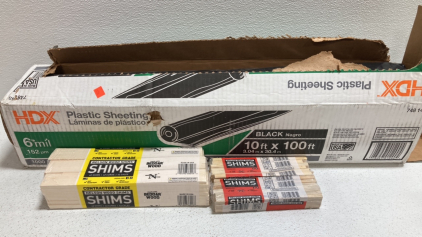 Roll of 10&rsquo; Wide Black Plastic Sheeting, (3) Packs Of Wood Shims