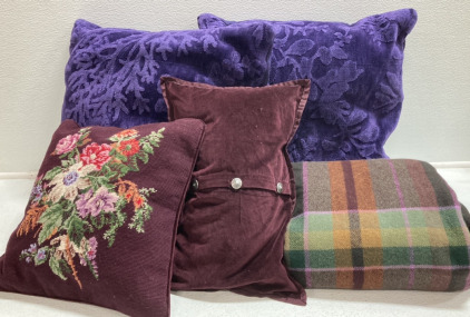 (2) Purple Throw Pillows, (2) Drak Maroon Pillows, Throw Blanket