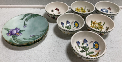 (3) Handpainted Iris Plates, (6) Botanic Garden Bowls