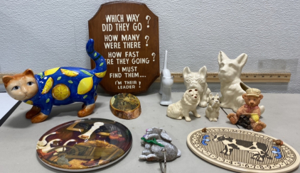 (1) Set of Cermaic Decorative Dogs, (1) Cermic Lemon Cat, and More Household Decorations