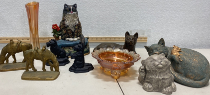 (2) Gold Colored Metal Horses, (2) Black Metal Dogs, (2) Orange-Ish Glass Pieces, and More!