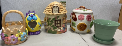 (1) Cermaic Cookie Jar, (1) Cermic Fairy House, and More